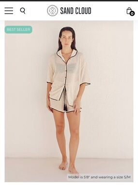 Sand Cloud Cream Crochet Lounge Shirt & Short Set with Black Trim